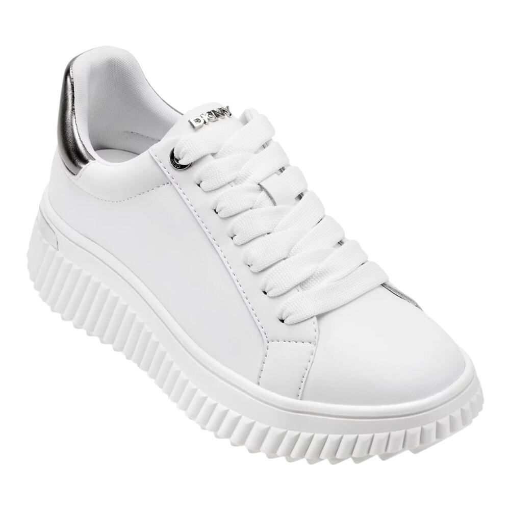 DKNY Women's Lobeco Lace Up Platform Sneakers White Silver Size 8